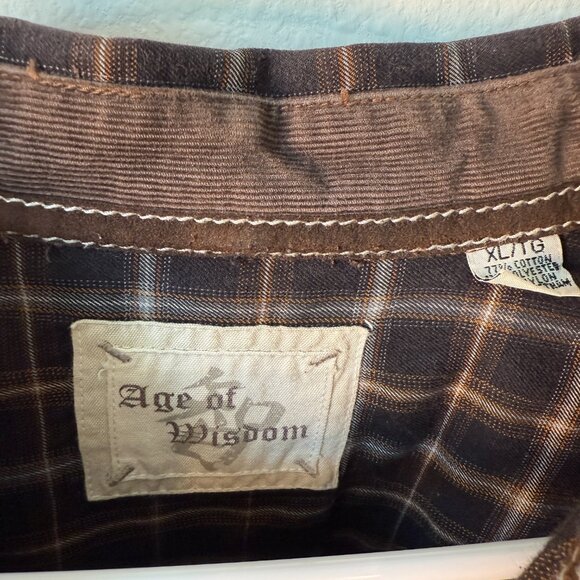 Age of Wisdom Mens Brown Plaid Flannel Long Sleeve Button Vintage Elbow Patch XL - Picture 3 of 8